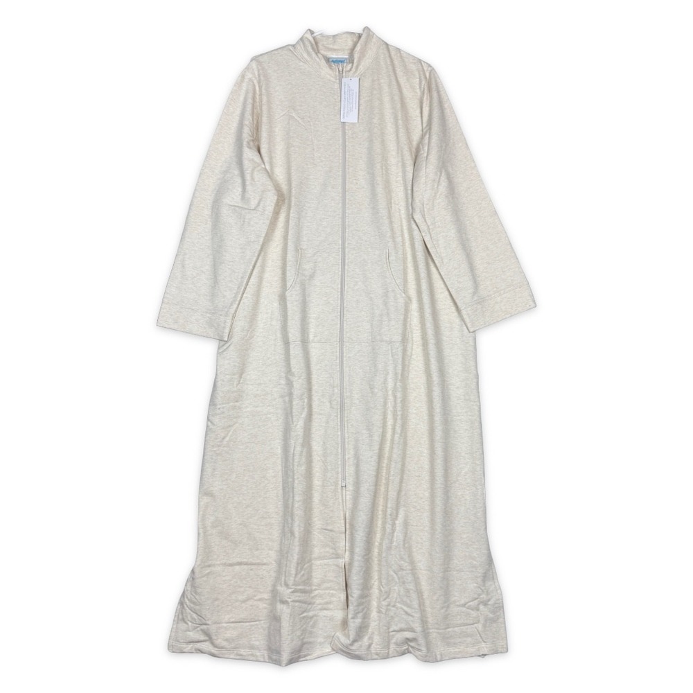 National Women 1X Oatmeal Heather Zip Front Lounger Robe Long Fleece Housecoat